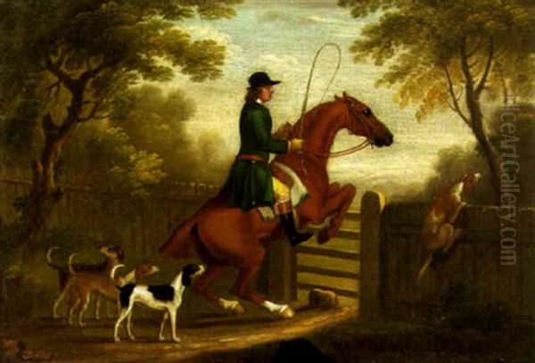 Huntsman With Hounds Jumping A Gate Oil Painting by James Seymour