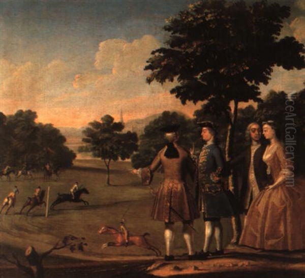 A Party Of Elegant Figures Watching A Horse Race Oil Painting by James Seymour