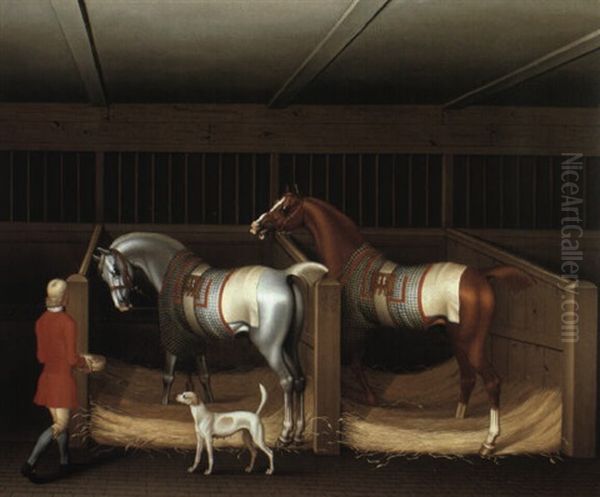 Mr. Ambrose Phillip's Two Racehorses In A Stable With Groom Oil Painting by James Seymour