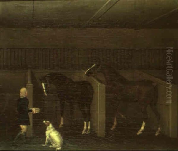 Groom, Horses And Dog In A Stable Oil Painting by James Seymour