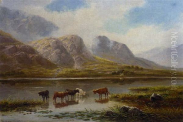 Cattle In A Highland Landscape; Cattle Watering Oil Painting by Thomas Seymour