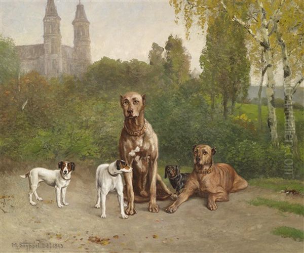 Jack Russel, Dackel Und Doggen Friedlich Vereint Oil Painting by Carl Maria Seyppel