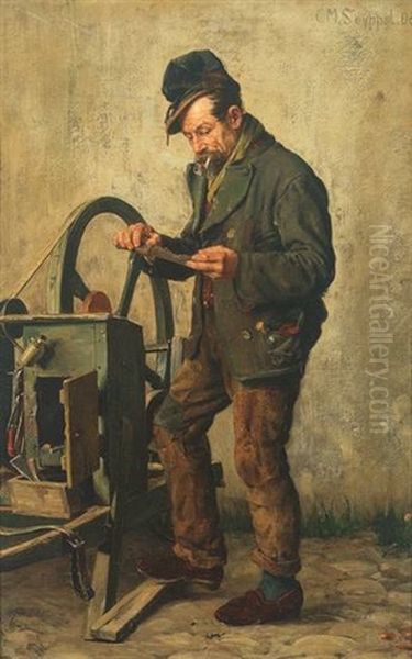 Messerschleifer Sinniert Uber Der Arbeit Oil Painting by Carl Maria Seyppel