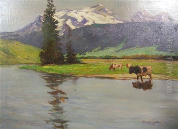 Sommerliche Alpenlandschaft Mit Weidenden Kuhen An Einem See Oil Painting by Hans Seyppel