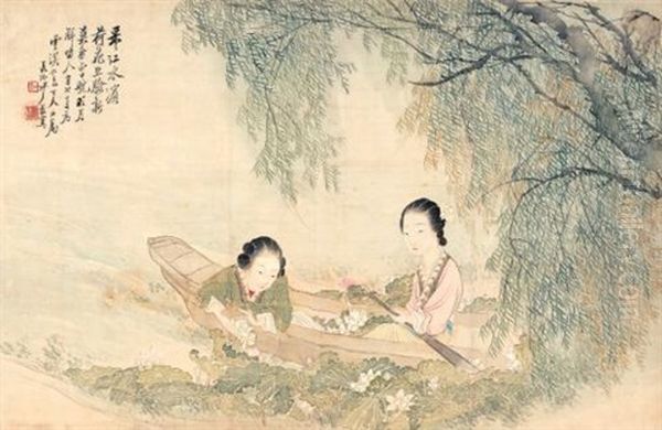 Picking Lotus Oil Painting by  Sha Fu