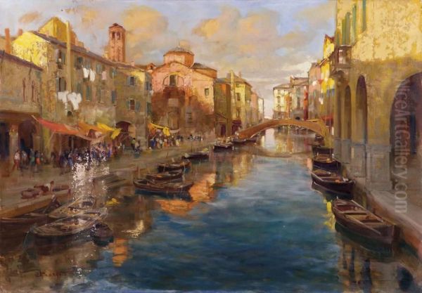 Chioggia,canale Della Peschiera Oil Painting by Attilio Bozzato