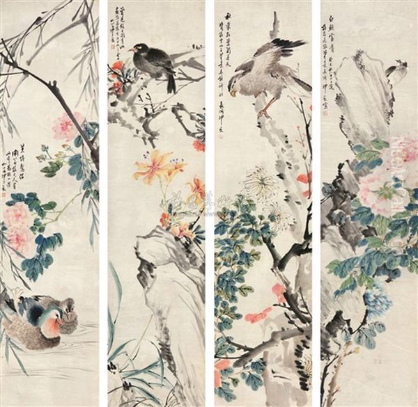 Bird And Flowers (4 Works) Oil Painting by  Sha Fu