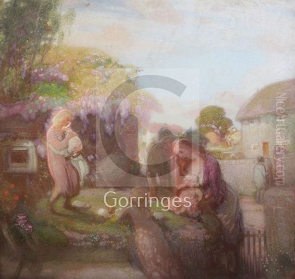 Mother And Children In A Garden Oil Painting by William Shackleton