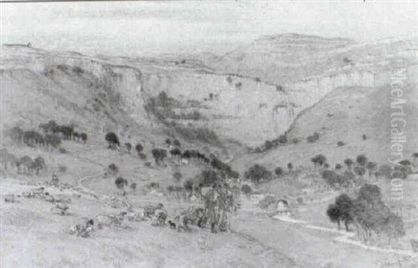 Shepherd Minding Sheep Before Malham And Malham Cove, Lancashire Oil Painting by William Shackleton