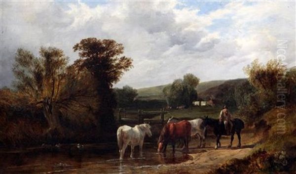 Watering The Horses Oil Painting by George Shalders