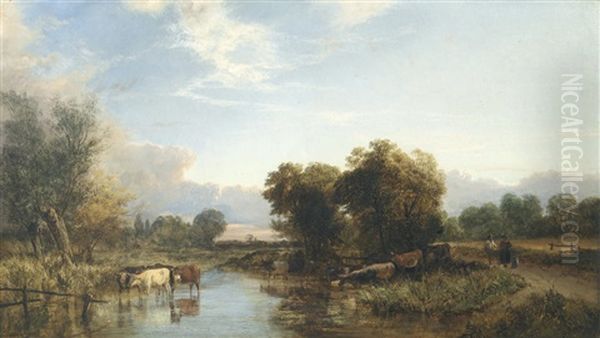 Cattle Watering In A River Landscape Oil Painting by George Shalders