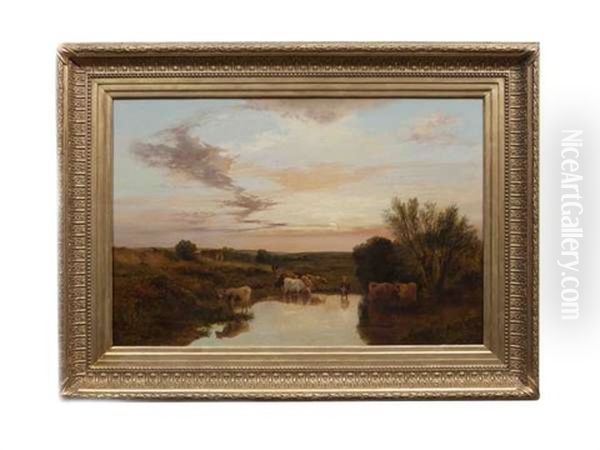 Cattle Watering At Sunset Oil Painting by George Shalders