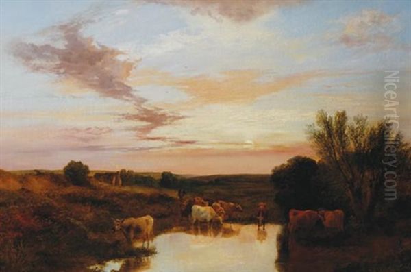 Herdsman Watering Cattle At Evening Oil Painting by George Shalders