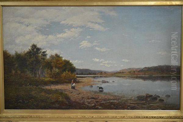 Figures And A Dog At A River's Edge Oil Painting by George Shalders