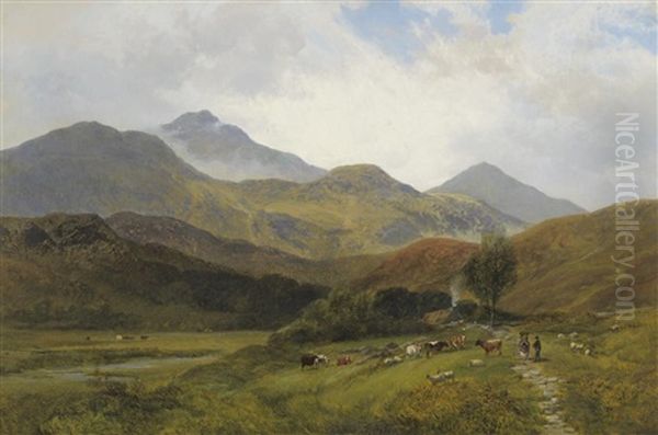 Scene In North Wales, With Figures Cattle And Sheep Oil Painting by George Shalders