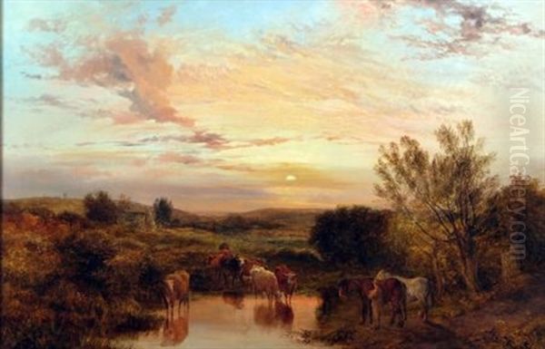 Country Landscape With Cattle Watering, Figure And Horses Nearby Oil Painting by George Shalders