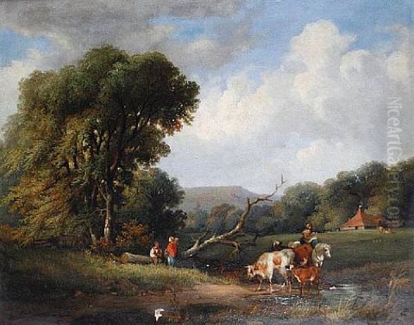 Figures And Cattle Resting Beside A Pond Oil Painting by George Shalders