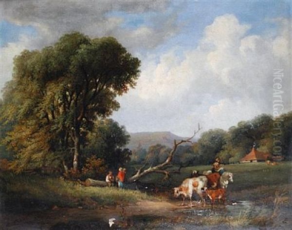 Figures And Cattle Resting Beside A Pond by George Shalders