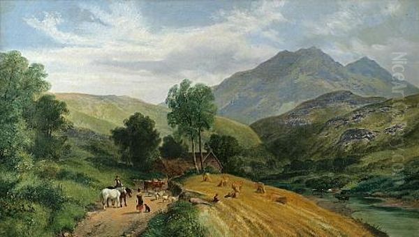 An Extensive Mountainous River Landscape With Figures, Horses And Cattle On A Path In The Foreground Oil Painting by George Shalders