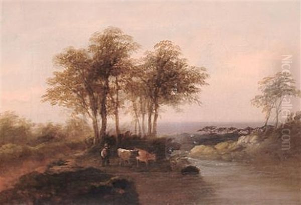 Landscape With Drover And Cattle Oil Painting by George Shalders