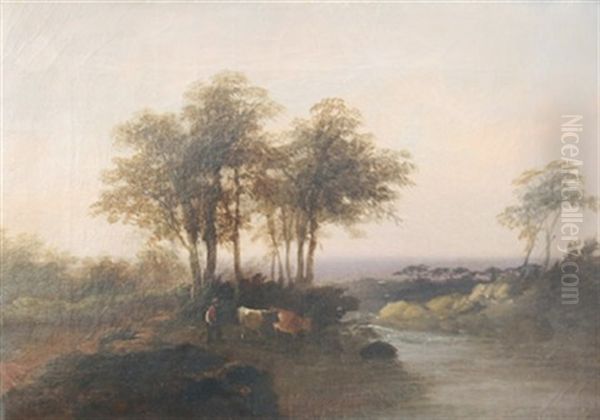 Landschaft Mit Bauer Und Kuhen Im Abendrot Oil Painting by George Shalders