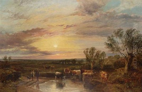 Cattle Watering At Sunset Oil Painting by George Shalders