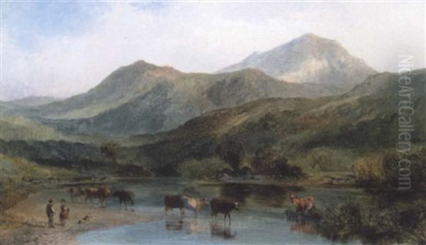 Cattle Watering At A Lake Oil Painting by George Shalders