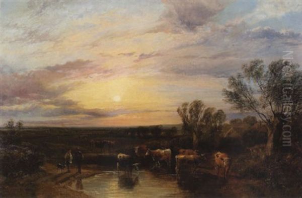 An Extensive Landscape At Dusk With A Herd Of Cows, And Two Figures And A Dog In The Foreground by George Shalders