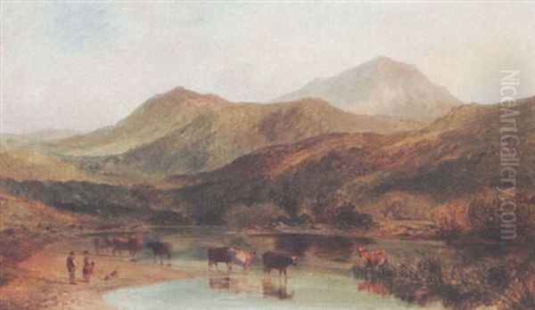 Cattle Watering In A Mountainous Landscape Oil Painting by George Shalders