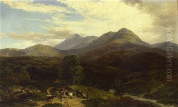 An Extensive Welsh Landscape With Cattle In The Foreground Oil Painting by George Shalders