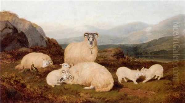 Ewes And Lambs In A Highland Landscape Oil Painting by George Shalders