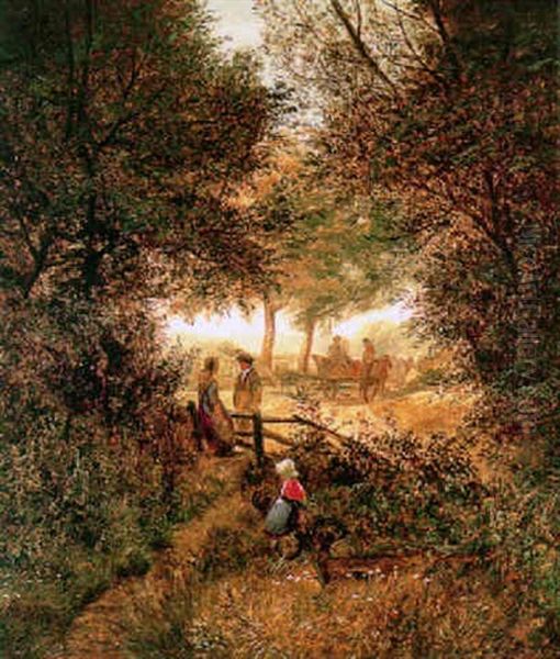 A Forest Landscape With A Girl In The Foreground And Figures And A Cart Beyond Oil Painting by George Shalders