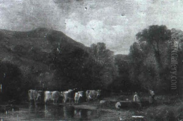 Cattle By A Stream Oil Painting by George Shalders