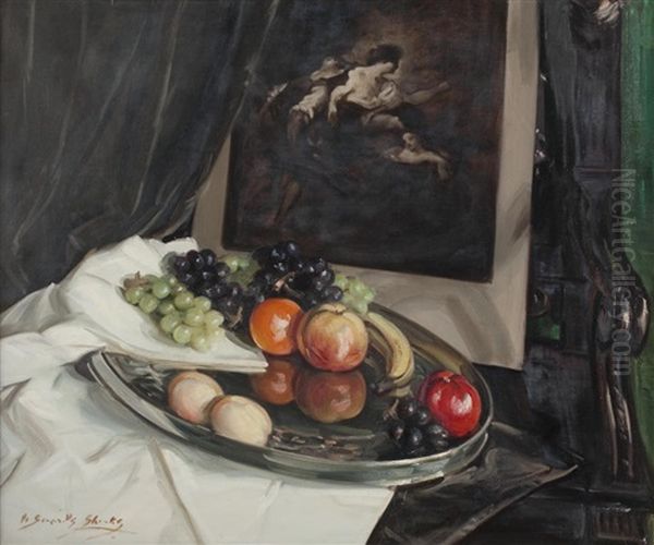 Still Life With Fruit And Print by William Somerville Shanks