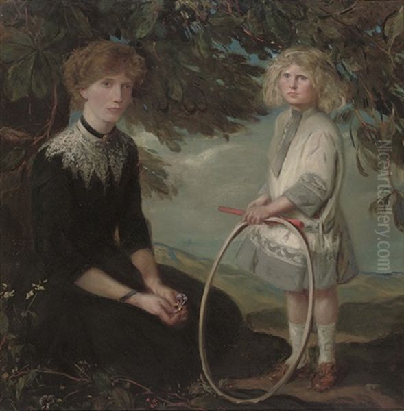 Portrait Of A Mother In A Garden, Her Daughter Standing Beside Her Holding A Hoop Oil Painting by Charles Haslewood Shannon