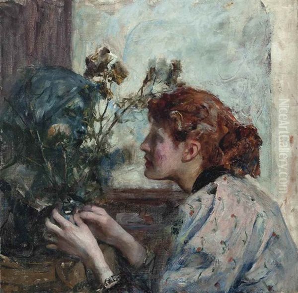 Flower Arranging Oil Painting by James Jebusa Shannon