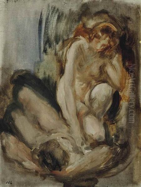 Two Female Nudes: Study For The Infant Bacchus. C. 1908 Oil Painting by James Jebusa Shannon