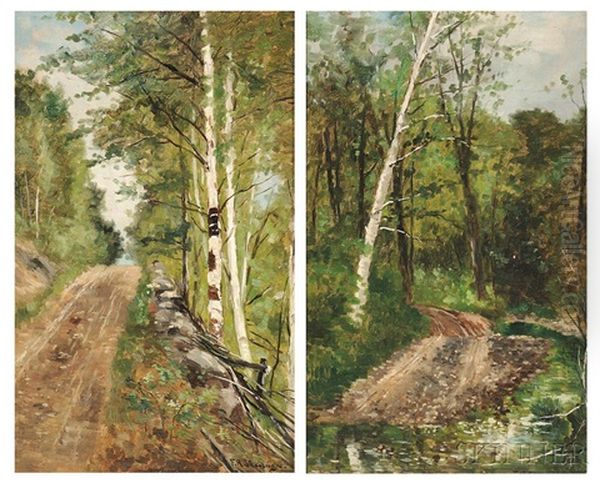 Two Landscapes: Old Road In Jackson N.h And Country Road With Birch Trees Oil Painting by Frank Henry Shapleigh