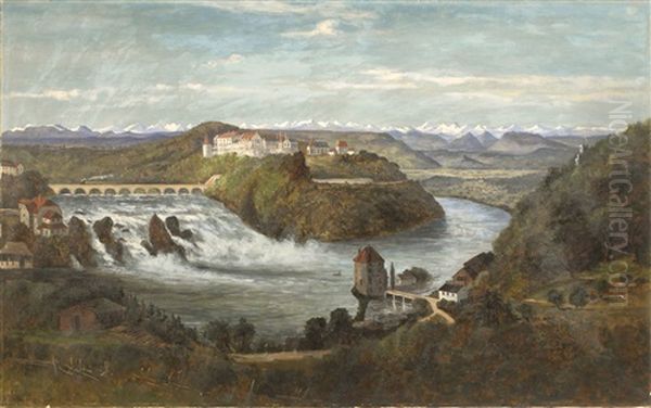 Panoramic European Landscape Depicting A Large White Castle And Snow-covered Alps In The Background. A White Water River With Waterfall Fills The Foreground Oil Painting by Frank Henry Shapleigh