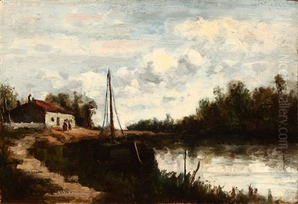 Boat And Cottage In A New England Scene Oil Painting by Frank Henry Shapleigh