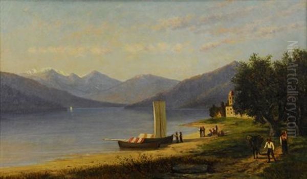 Mountain Lake With Figures And Boats On The Shore Oil Painting by Frank Henry Shapleigh