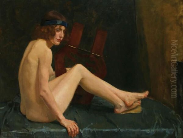 Sitting Nakedfemale With Lyre Oil Painting by Johan Henri Braakensiek