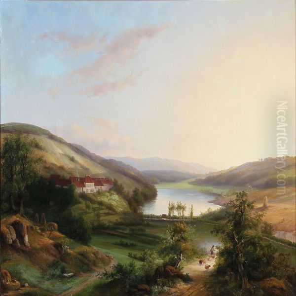 Summer Day With An Estate Near A Lake Oil Painting by Anthonie Braakman