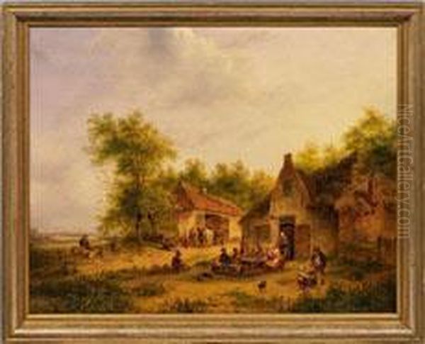 Hollandischelandschaft Mit Feiernden Bauern Und Schafer Vor Einemgehoft Oil Painting by Anton Braakman