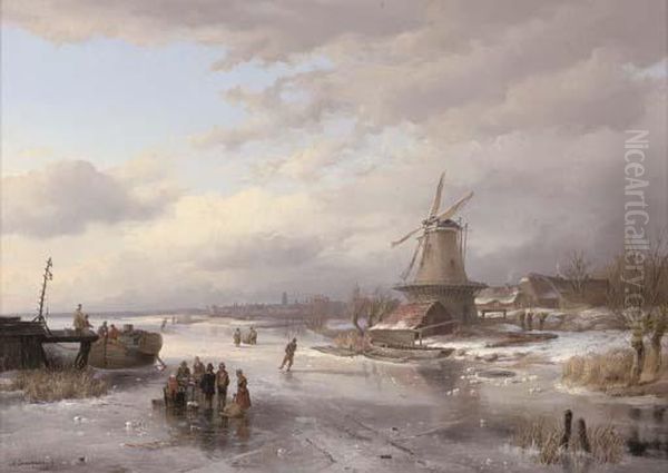 Refreshments On A Frozen Dutch Waterway Oil Painting by Anton Braakman