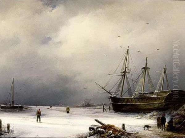 A Three-master In A Winter Landscape Oil Painting by Anton Braakman