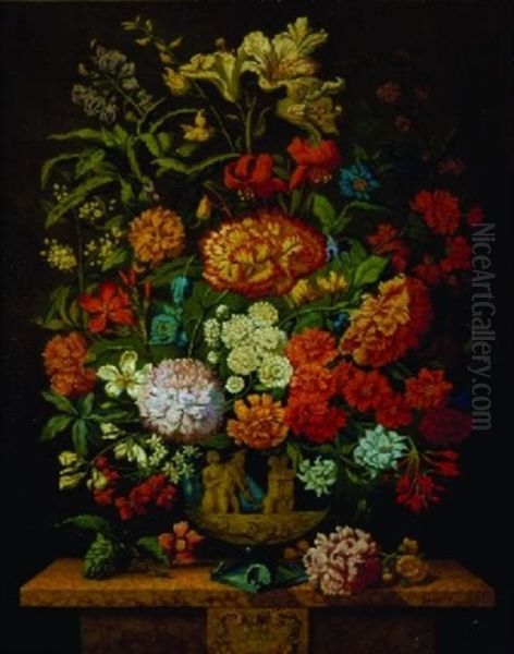 Elaborate Still Life On A Marble Ledge Oil Painting by James C. Sharp