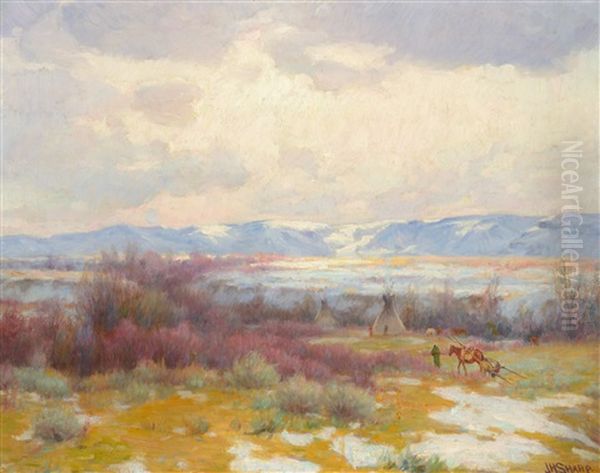 Crow Reservation, Winter [or] Indian Encampment by Joseph Henry Sharp