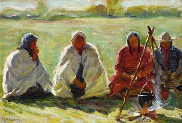 Waiting For The Pot To Boil Oil Painting by Joseph Henry Sharp