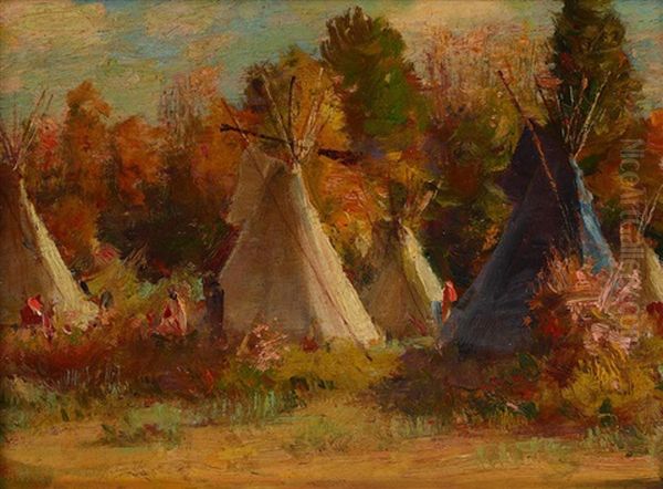 Crow Lodges In Bushes Along The Little Horn Oil Painting by Joseph Henry Sharp